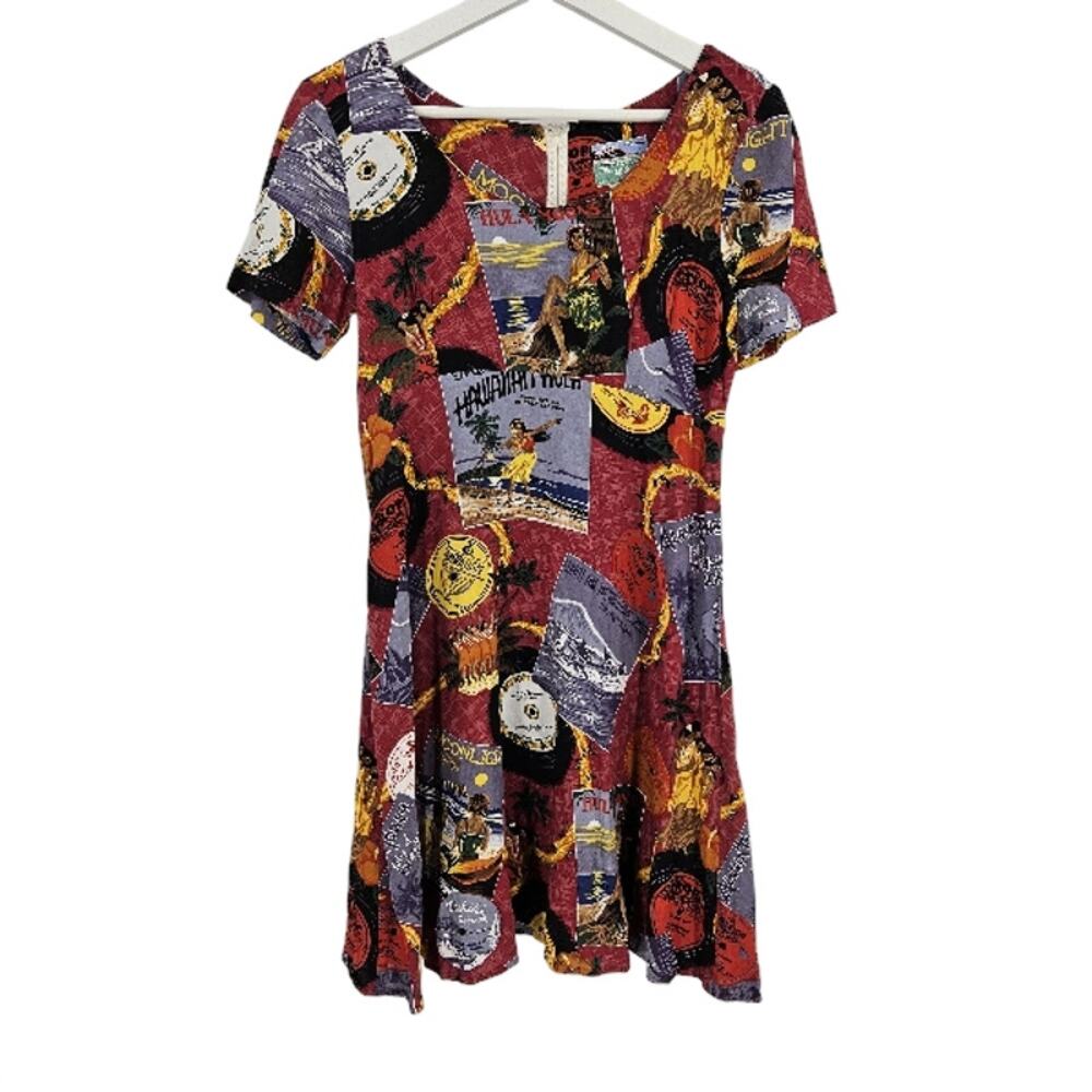 Vintage Y2K Reyn Spooner Hawaii Dress Multicolor Graphic Print Mini Swing Sz XS